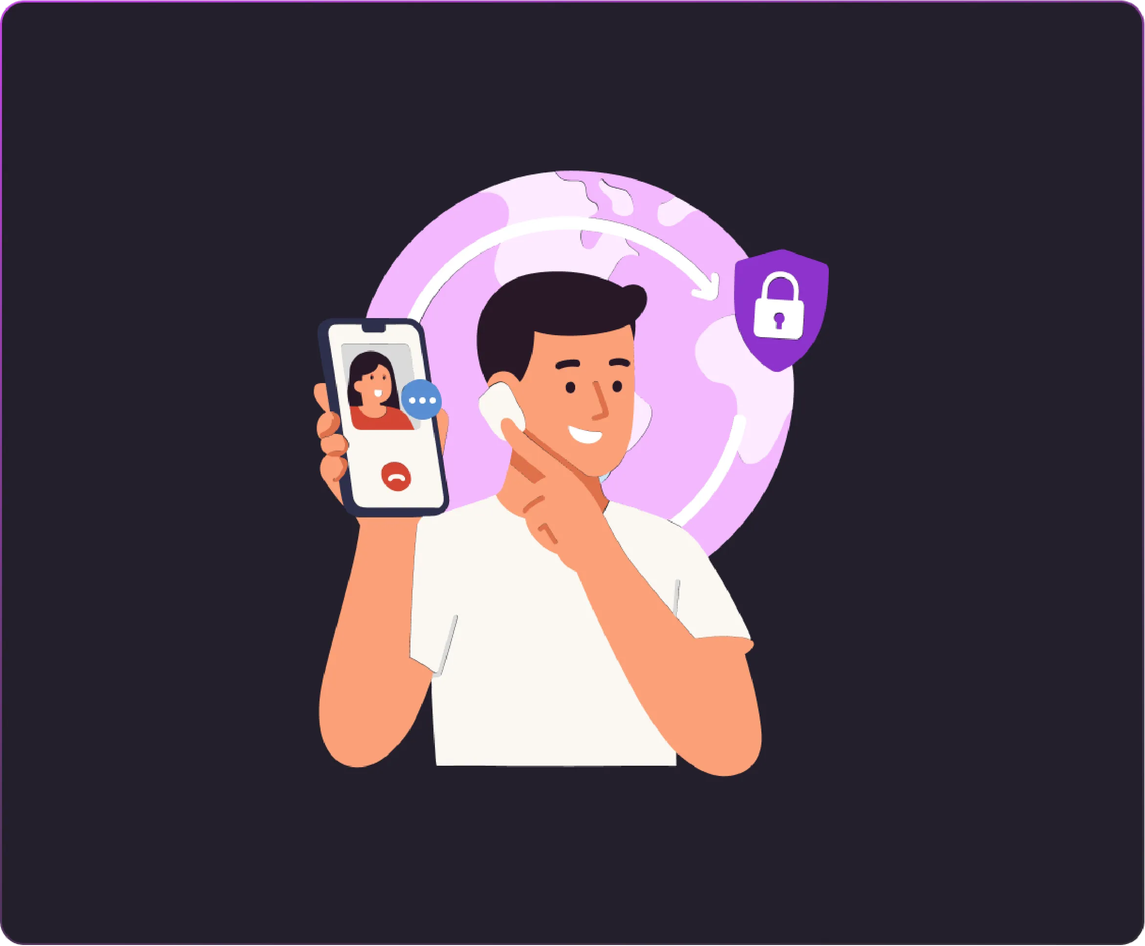 Man using Messenger VPN for secure private video call, illustrated with smartphone, globe, and lock icon.